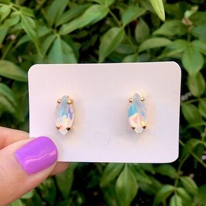 White Opal + Gold Navette Crystal Stud Earrings